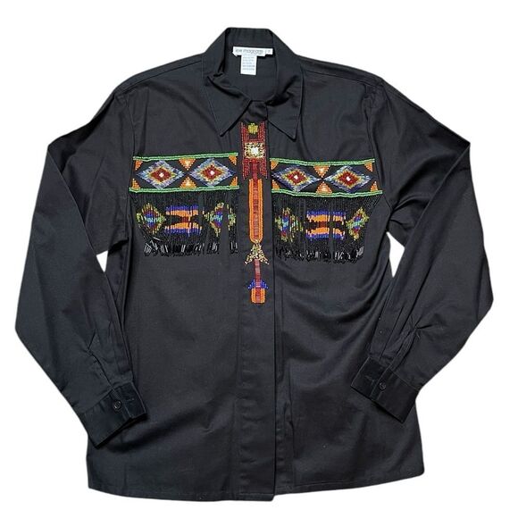 LEW MAGRAM Vintage Western Aztec Beaded Fringe Button Down Shirt Size 8 - Picture 1 of 6